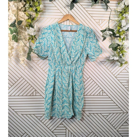 MANGO MNG Women's Faux Wrap Mini Dress Short Sleeve Printed Green VACATION Small - Picture 1 of 4